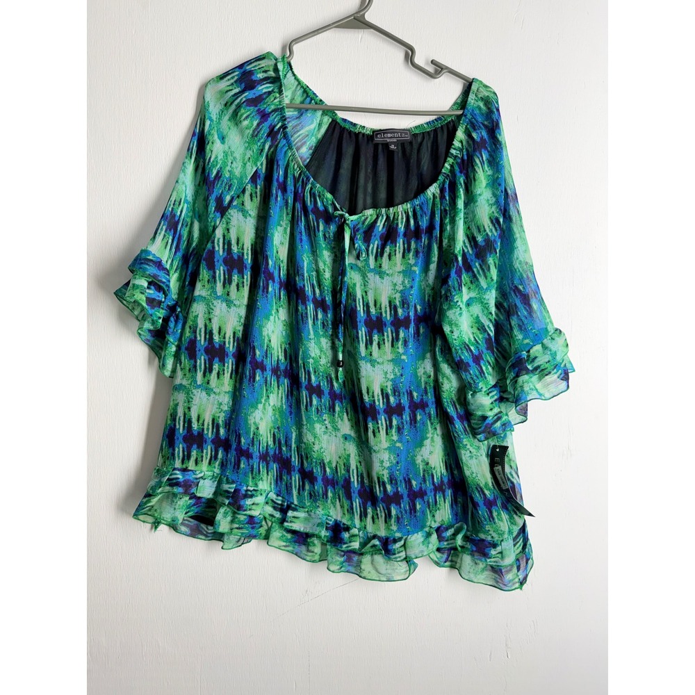 Elementz Woman Blouse 1X Green Blue Tie Dye Ruffle Sleeve Chiffon Top NWT